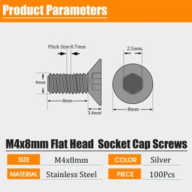 M4 8mm Flat Head Screws,M4-0.7x8mm Flat Head Sockt Cap Screw and Bolt,Stainless Steel Countersunk Bolts,Allen Socket Drive,Full Thread,Bright Finish,Coarse Thread UNC, 100Pcs