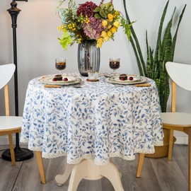 GLORY SEASON Rustic Tablecloth Classic Plant Leaf Printed Linen Fabric Table Cover Farmhouse Decoration 60 Inches Round Blue for Kitchen Dining
