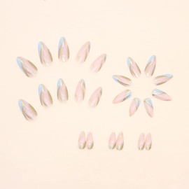 Medium Almond Press on Nails Blue Line Fake Nails French False Nails With Designs Gold Stripe Glue on Nails Nude Full Cover Acrylic Nails Stick on Nails for Women Girls Nails Decoration 24pcs