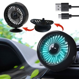 Kwak's Car Fan, For Tabletop, Air Conditioner, Dual Use, Angle Adjustable, LED Light, Summer, Strong Airflow, Energy Saving, Small, USB Fan, 12 V, 24 V, Universal (Black)