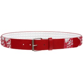 Snap On 1 1/2" Skull & Cross Bone Printed Punk Rock Studded Belt, Red | M - 35"