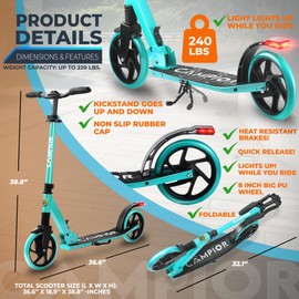 Campior Kick Scooter for Ages 6+, for Kids, Teens, and Adults, Max Load 240 LBS, Foldable, 8-inch Big Wheels for Kids and Adults, with Kickstand, 3 Adjustable Levels, Child Safety Approved, Aqua