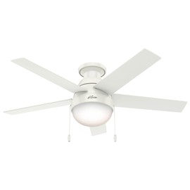 Hunter 46 inch Indoor Ceiling Fan with LED Light - White Ceiling Fan with Pull Chain, For Bedroom, Living Room, or Kitchen, Low Profile Mount, No Remote, 5 Blades - Anslee 59269, Fresh White