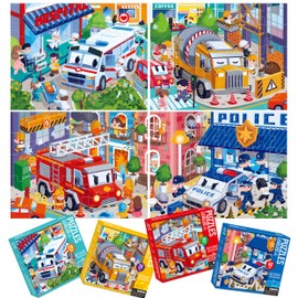 Dotimo 4-in-1 Vehicle Puzzles for Toddlers 3-5 – Fire Truck, Police Car, Ambulance & Cement Mixer Puzzles, 24/30/35/48 Piece Educational Games with Storage Box