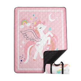 Smell Sunshine Outdoor Picnic Blanket,Portable Sandproof Waterproof Picnic Mat,Pink Unicorns Printed Camping Beach Mat for Sand and Wet Grass Hiking (Pink Unicorns L)