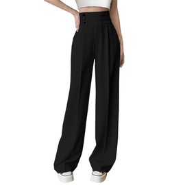 Betusline Women's High Waist Dress Pants Business Side Button Work Wide Leg Pants Straight Leg Trousers, Black, Medium