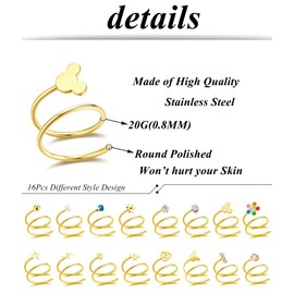 Tornito 16Pcs Double Nose Ring Hoop for Single Piercing Butterfly Lightning Pearl Ball Snake Shiny CZ Twisted Double Hoop Earring for Women 20G Gold Tone