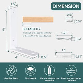 12 Pcs L Shelf Brackets, 6 x 4 Inch Heavy Duty Metal Floating Shelf Bracket, 1/2" Thick Hidden 90° Angle Wall Shelf Support Brackets for Kitchen, Bathroom, Warehouse, 160 lb Load Capacity(White)