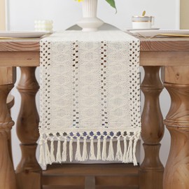 Boho Table Runner 48 Inches Long for Summer Home Decor Farmhouse Rustic Table Runner Beige Macrame Table Decoration with Tassels Made of Cotton Linen for Spring Living Room Bridal Shower (12x48)