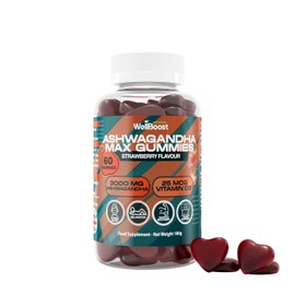 WellBoost Ashwagandha Max Gummies – 3000mg Ashwagandha & 250mcg Vitamin D2 – Vegan, Sugar-Free Strawberry Flavour Gummies for Adults (1 Month Supply)