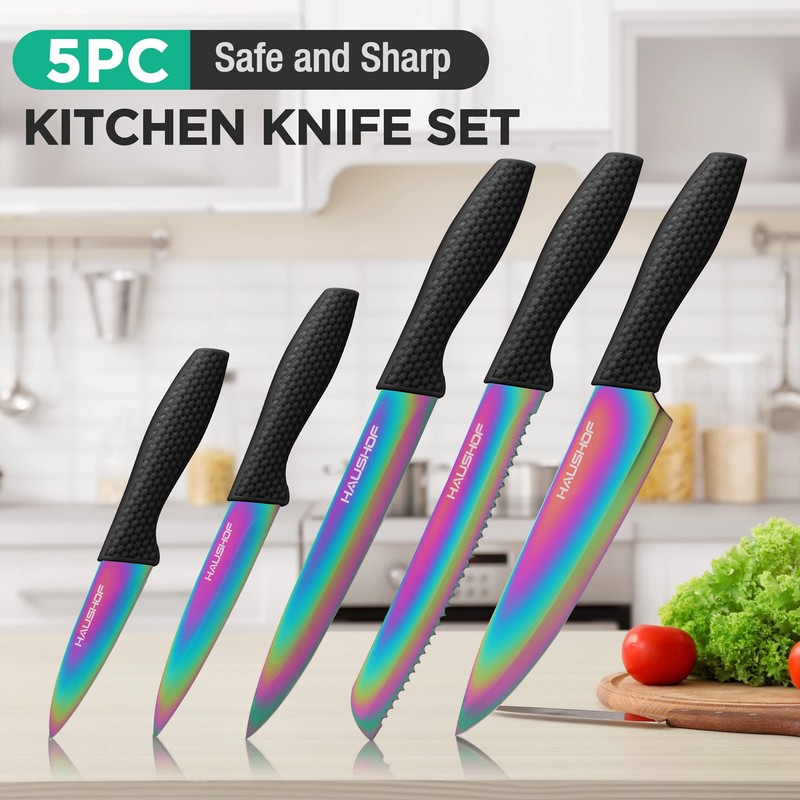 HAUSHOF Kitchen Knife Set, 5 PCS Rainbow Knife Sets with
