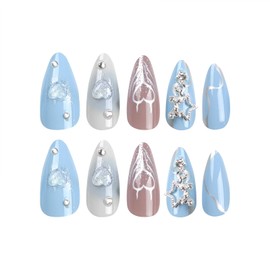 24Pcs Almond Press On Nails，Almond Shaped Press On Nails，Almond Nails Press On Medium Almond Nails Blue Fake Nails with Heart Shape&Silver Star charm Designs Artificial Nails Stick on Nails For Women