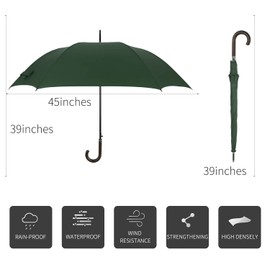 TIME LOVER Stick Umbrella Oversize Windproof Umbrella Wooden Hook Handle J Stick Automatic Open Fast Drying Umbrella for Men Women(Dark Green)