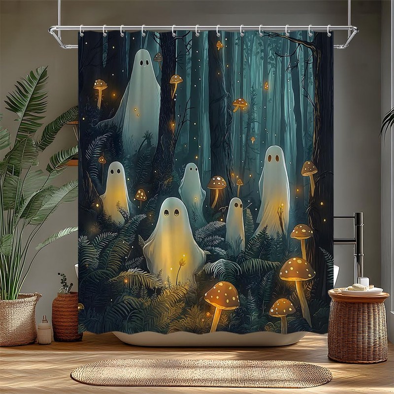 Spooky Ghost Mushroom Shower Curtain Grey Foggy Forest Cute Halloween