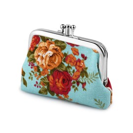 DS. DISTINCTIVE STYLE Coin Purses (2 Compartments) Floral Kiss-Lock Change Pouch Canvas Clasp Closure Wallet for Women (Blue)