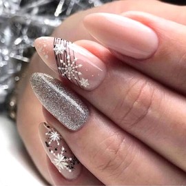 Christmas Press on Nails Winter Almond Medium Christmas Fake Nails Christmas Glue on Nails Xmas Snowflake Frost Oval Acrylic Nails Press ons, Christmas False Nails for Women and Girls - 24 PCS