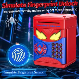 Wrystte Spider Piggy Bank for Kids,Electronic Money Box with Fingerprint,ATM Safe Coin&Cash Saving Box,Kids Toys for Age 4 5 6 7 8,Christmas Birthday Gifts for 9 10 11 12 Year Old Boys Girls(Blue)