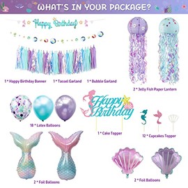 Decoración de fiesta de cumpleaños de sirena, suministros de pancarta, guirnalda de burbujas, guirnalda de burbujas para colgar, linternas de papel de gelatina, globos, decoración de pastel de sirena de feliz cumpleaños para