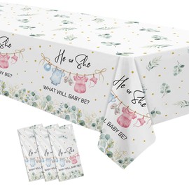 APOWBLS Gender Reveal Decorations Tablecloth, 3 Pack Disposable Greenery Baby Clothes Theme Boy or Girl Gender Reveal Baby Shower Party Supplies Table Cover, 55in x 86in