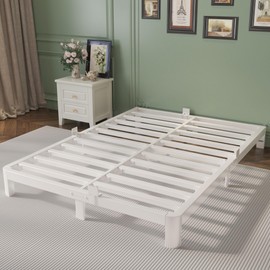 KOSOSO Queen Bed Frame 4 Inch White, Metal Bed Frame Queen Size with Baffles, No Box Spring Needed, Heavy Duty Steel Platform Support, Rounded Corner Design, Noise Free, Easy Assembly
