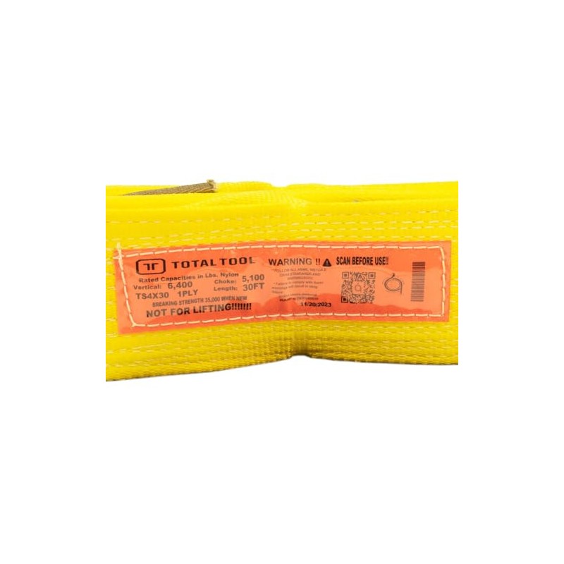 Heavy Duty Tow Strap, 4" x 30 ft, Yellow, Industrial