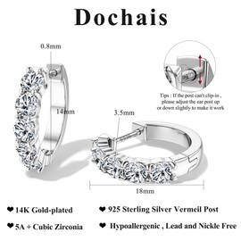 Dochais 14K Gold Plated Hoop Earrings for Women Cubic Zirconia Hoop Earrings 925 Sterling Silver Post Cuff Earrings Huggie Stud Small Hoop Earrings Hypoallergenic Trendy Jewelry Wedding Earring 4