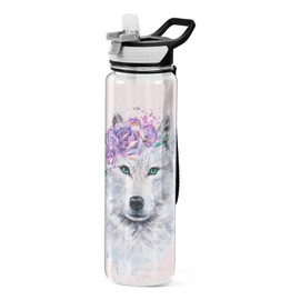 Mnsruu Weiße Wolf Blumen Wasserflasche 1L mit Strohhalm, auslaufsicher, BPA-frei, Tritan-Trinkflasche, Sport-Wasserflasche für Männer, Frauen, Kinder