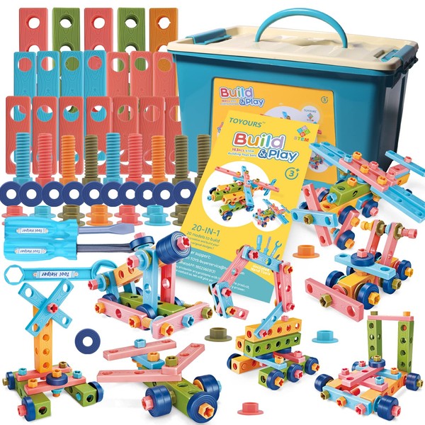 Erector Sets for Kids Ages 4-8, Easy Assembled 163 PCS Building Blocks, STEM Games for 4 5 6 7 8 Year Old Girls Boys Kids, Educational Building Toy STEM Kits with Tools, Design Guide, Storage Bin