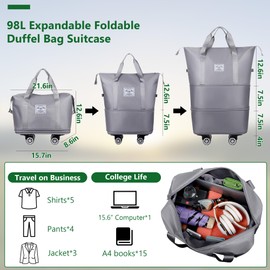 wymulot Expandable Duffle Bag, Folding Travel Bag with Wheels, Weekender Travel Bag for Carry-On, Tote Bag with Storage Space，Large Luggage Bag for Business Trips, Camping, Fitness (Gray)