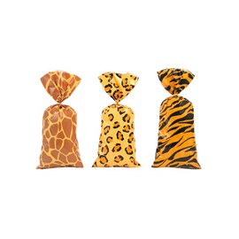 Jungle Animal Treat Bags, 105pcs Wild Giraffe Cheetah Tiger Print Party Cellophane Plastic Gift Goodie Cookies Candy Bags with Twist Ties Clear for Wedding ,Birthday ,Jungle Safari Zoo Animal Party Supplies