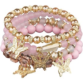 Azusa Sun 4 Pcs Cute Butterfly Charm Pink Bracelets Set Gold Beaded Stackable Stretch Bracelets Bohemian Summer Jewelry Gifts for Women