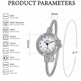 Blekon Collections Women's Cuff Watch - Round Analog Display Arabic Numbers 23mm Case Wire Bracelet Watch for Women Elegant Cable Cuff Bangle Wrist Watch…, Silver 2, Modern