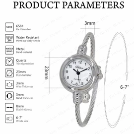 Blekon Collections Women's Cuff Watch - Round Analog Display Arabic Numbers 23mm Case Wire Bracelet Watch for Women Elegant Cable Cuff Bangle Wrist Watch…, Silver 2, Modern
