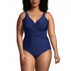 Lands' End Traje de baño de una pieza para mujer con control de barriga y cloro resistente al cuello en V, Azul Marino Profundo, Long Torso 6