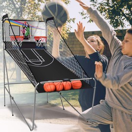 Giantex Foldable Basketball Arcade Game, 8 Game Options, Electronic Double Shot 2 Player w/ 4 Balls and LED Scoring System, Indoor Basketball Game for Kids, Adults, Black & Silver
