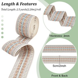 BENECREAT 2.28 m Jacquard Elastic Band, 50 mm Elastic Embroidered Woven Band, Boho Fabric Sewing Tape for DIY Craft Accessories, Embellishment Decorations, Beige