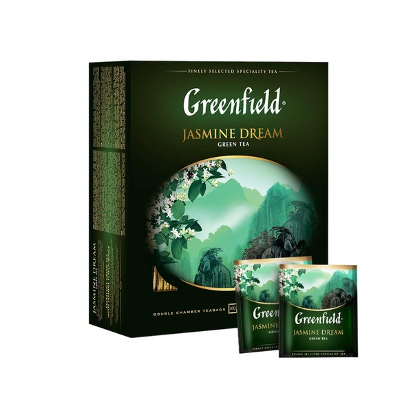 Greenfield Jasmine Dream Green Tea Collection Finely Selected Speciality Tea 100 Double Chamber Teabags With Tags in Foil Sachets