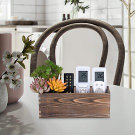 WuGeShop Wood Remote Control Holder 4 Compartments, Rustic Table TV Remote Caddy, Multi-use Desktop Storage Organizers for Pencils, Pens, Phones