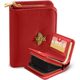 Bistup Credit Card Holder Wallet for Women Cute Leather Ladies Teen Girls Female Cardholder Wallets Accordion Purse Small Medium Aesthetic Print Red Unique Modern Design Rfid Zipper Around