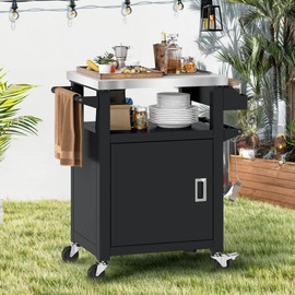 DWVO Outdoor Storage Table,Outdoor Kitchen Island with Stainless Steel Top and Wheels,Grill Cart for Kitchen Prep,BBQ,Grilling Accessories
