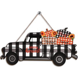 Vintage Happy Harvest Truck Sign Fall Thanksgiving Hanging Sign Wooden Decor Buffalo Plaid Truck Plaque for Farmhouse Door Kitchen Room wall Farm Porch Decoration, 12 x 6 Inch