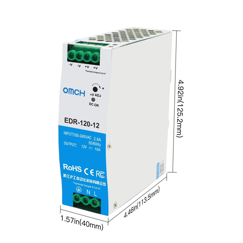OMCH EDR-120-12 DIN Rail Switching Power Supply, 120W 12V 10A
