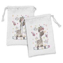 Lunarable Animals Fabric Pouch Set of 2, Giraffe Wearing Cap on a SkateBoard with Butterflies Colorful Hearts Print, Small Drawstring Bag for Toiletries Masks and Favors, 9" x 6", Multicolor