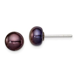 Sterling Silver 5-6mm Black Freshwater Cultured Pearl Button Earrings