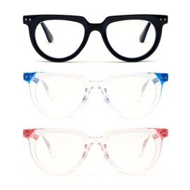 KoKoBin 3 Pairs Half Moon Reading Glasses Blue Light Blocking Spring Hinge Full Frame Readers for Women Men Blcak&Red&Blue +2.50