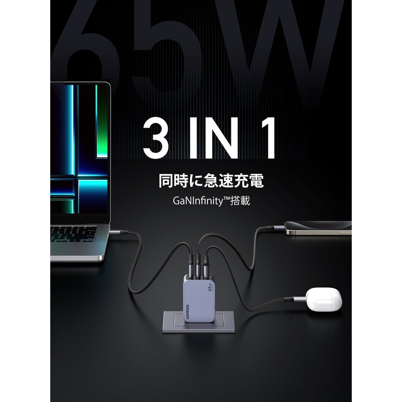 UGREEN Nexode Pro Charger, 65 W, 3 Ports, Small and