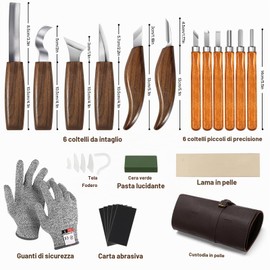 17 Pezzi Kit di Coltelli per Intaglio del Legno, Strumenti per Intaglio del Legno, con custodia, Sicurezza Guanti, Pietra Lucidante, Affilatura, Strumenti per Intaglio Legno per DIY Principianti
