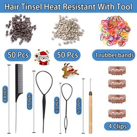 Hair Tinsel Kit, Black Hair Tinsel With Tools 48 Inch 1500 Strands Fairy Hair Tinsel Heat Resistant Glitter Tinsel Hair Extensions, Christmas Sparkling Hair Tinsel Kit for Girls (Black)