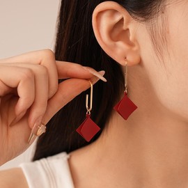 Red Irregular Geometric Dangle Earrings for Women, Cute Dainty Lightweight Drop Earrings for Woman, Trendy Red Rhombic Dangling Earrings (559-Red)