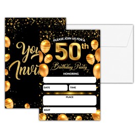 Chuxvon 50th Birthday Party Invitations, Black and Gold Birthday Invitations, Double-Sided Gold Foil Fill In Invites for Men Women, Birthday Party Decorations Favors (20 Cards With 23 Envelopes)